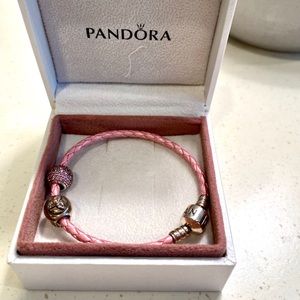 Kids pink pandora bracelet new in box w 2 charms